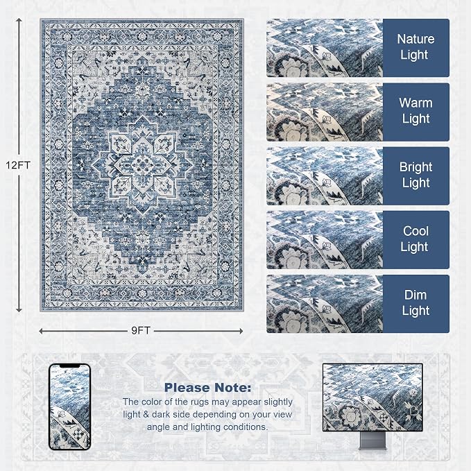 Area Rugs 9x12 Living Room Rug: Washable Rug Soft Vintage Boho Medallion Carpet - Image 2