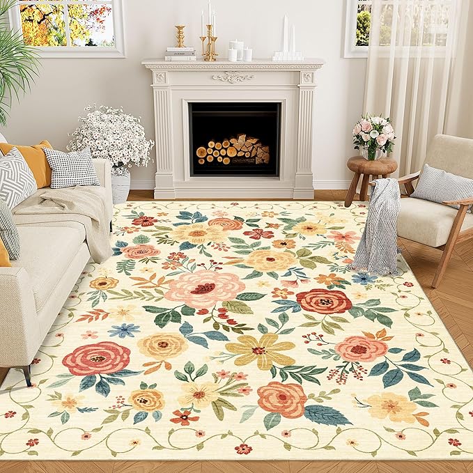 DUKINO 6x9 Area Rugs, Floral Washable Rug by DUKINO