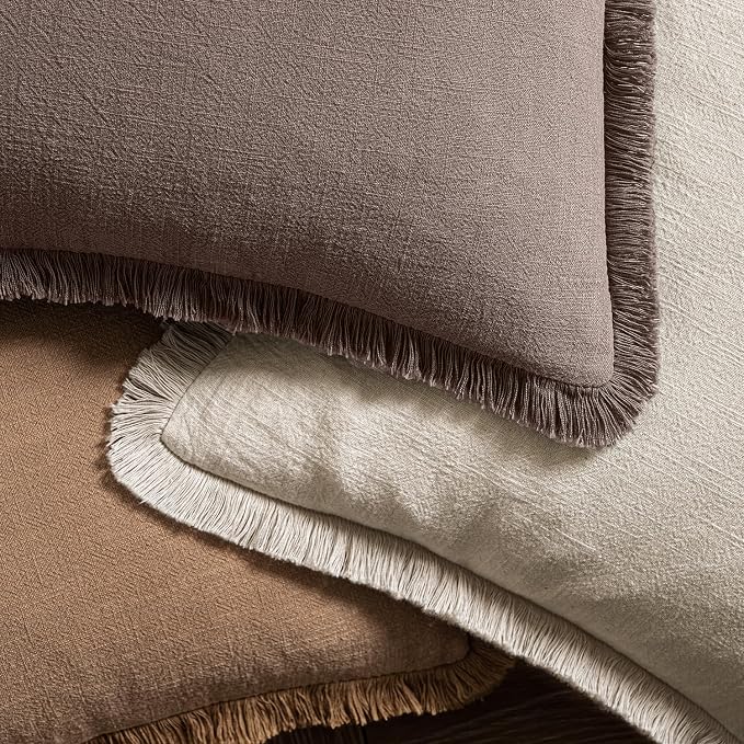 MIULEE Linen Fringe Decorative Fall Euro Pillow Covers Malt Ball 24x24 | Set of - Image 4