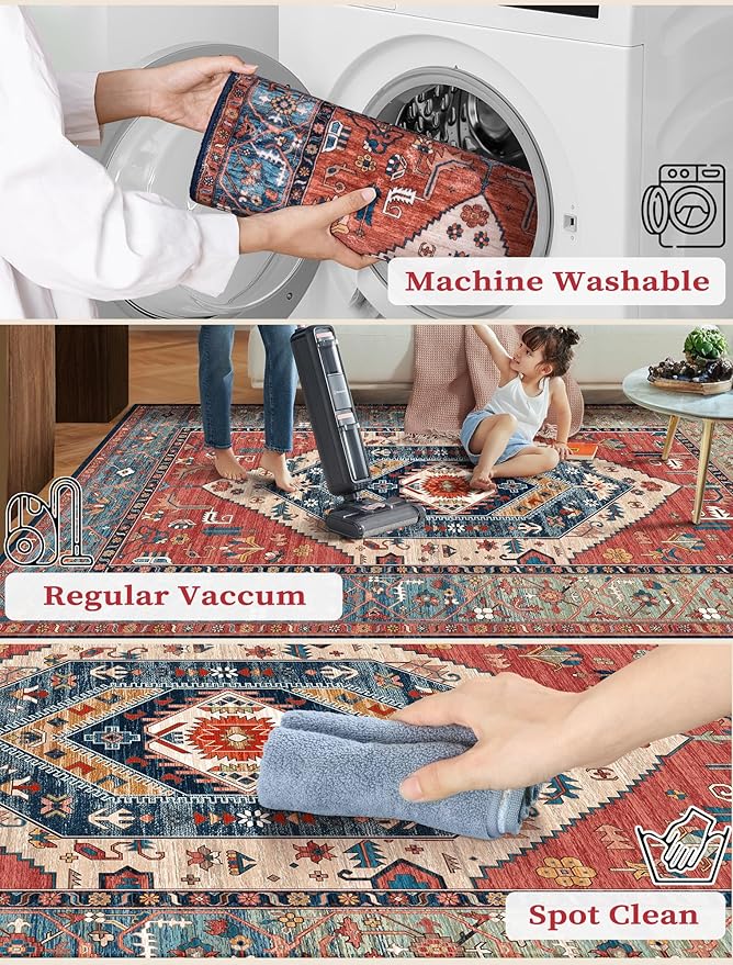 SERISSA Boho Washable Runner Rug, 2x5 Non-Slip Vintage Rust Hallway Kitchen - Image 2