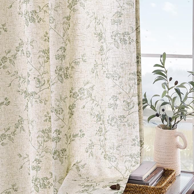 Lazzzy Green Floral Linen Curtains 84 Inch Farmhouse Back Tab Drapes - Image 8