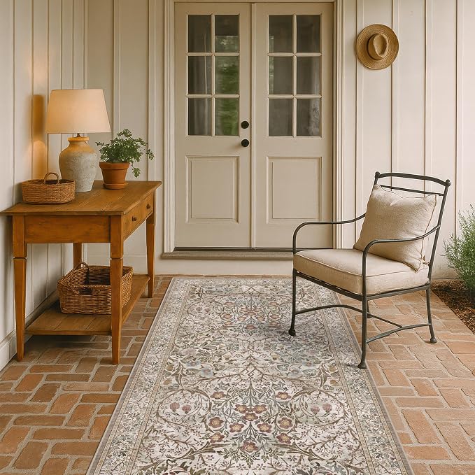 Vintage Moss Green Entryway Rug, 3x5 Washable Area Rugs - Image 8