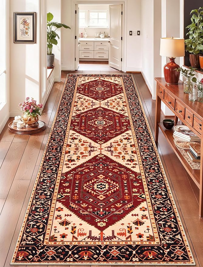 SERISSA Runner Rug for Hallways, Long Boho Rug Vintage Red Black Hallway Stair by SERISSAHomeDecorCollection