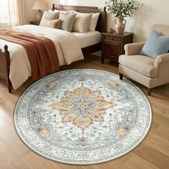 Area Rugs 5ft Washable Non-Slip, Floral Vintage Distress Print Pattern by RELEANY