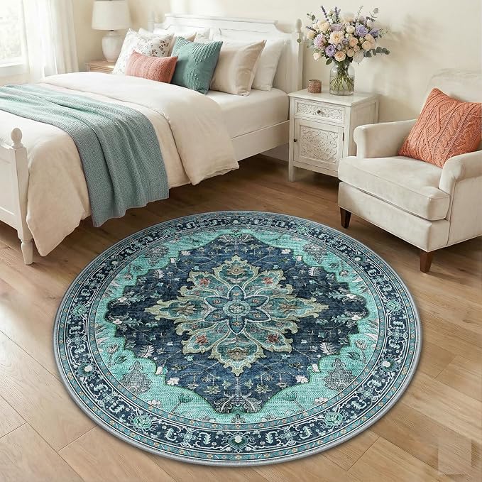 Area Rugs 4ft Washable Non-Slip, Floral Vintage Distress Print Pattern - Image 3