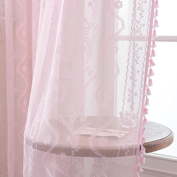 WAZZIO Boho Lace Curtains 63 Inch 2 Panels -Sheer Panel Drape Floral Pattern & - Image 7
