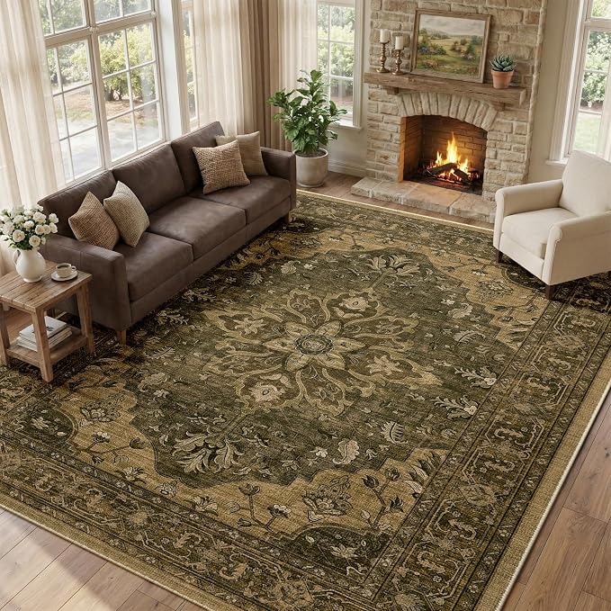 Area Rugs 9'x12' Washable Non-Slip, Floral Vintage Distress Print Pattern by RELEANY