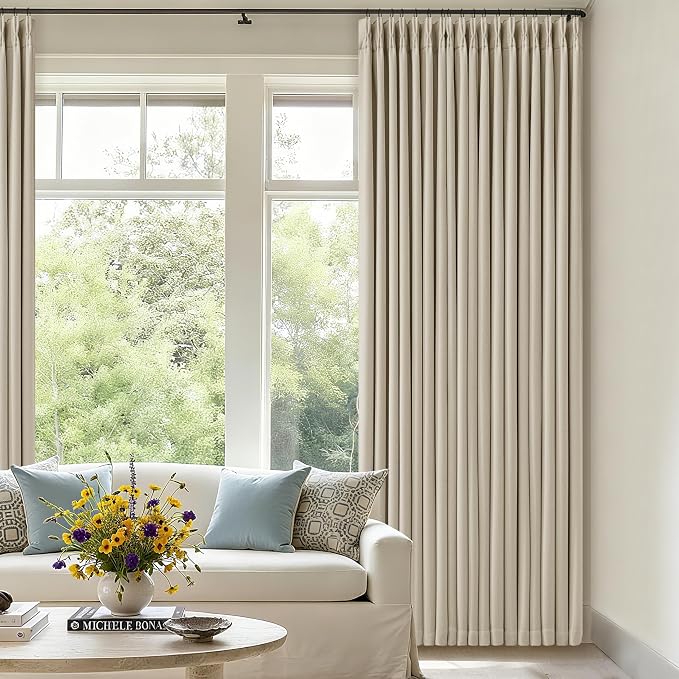 Oatmeal Pinch Pleated 100% Blackout Linen Curtains 100 Inch Length 2 Panel | - Image 9