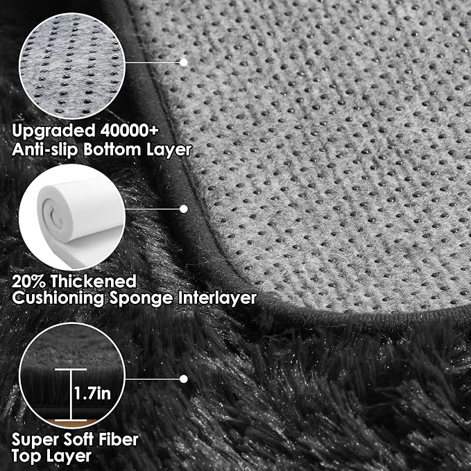 ONASAR Black Area Rugs for Bedroom Living Room, Fluffy Fuzzy Shaggy 4x6 Bedside - Image 3