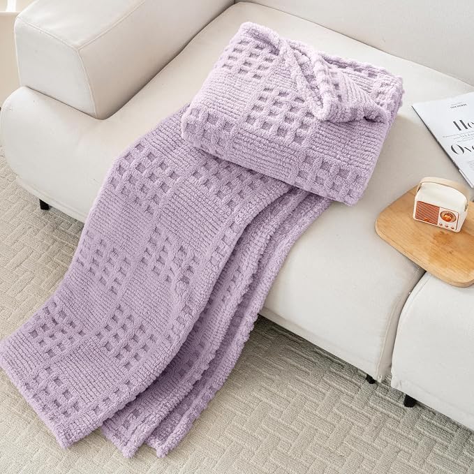 50x70 Inch Waffle Purple Throw Blanket -Fluffy Fleece, Neutral Tan Color - Image 4