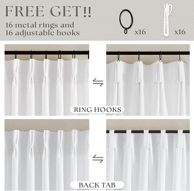 Pleated Linen Snow White Curtains 96 Inches Long 2 Panels Set | Neutral - Image 5