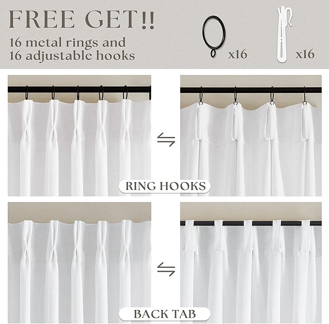 Snow White Linen Pinch Pleated Curtains 102 Inches Long 2 Panels | - Image 5