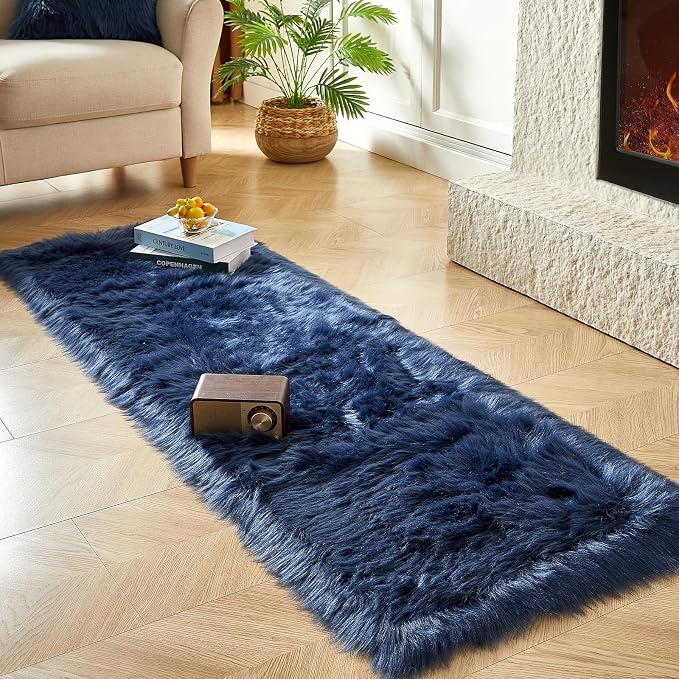 AMTOVO Faux Fur Rug, Dark Blue Ultra Soft Fluffy Shag Sheepskin Rug, 2 x 6 ft - Image 3