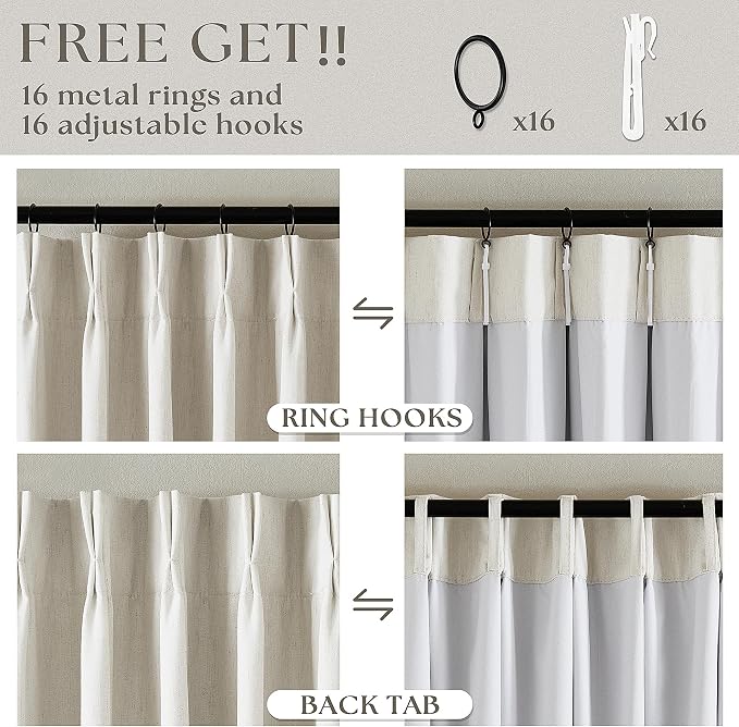 Cream Pleated 100% Blackout Linen Short 45 Inch Curtains 2 Layers Natural | - Image 6