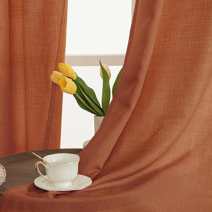 Terracotta Light Filtering Linen Curtains 63 Inch Length 2 Panels | Semi Sheer - Image 3