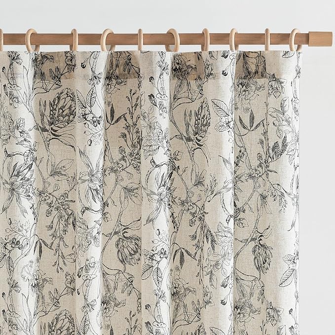 jinchan Floral Curtains 90 Inch Length Black Flower Linen Farmhouse Curtain by JINCHAN