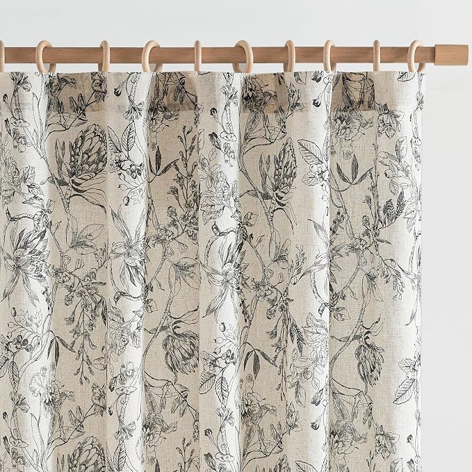 jinchan Floral Curtains 108 Inch Length Black Flower Linen Farmhouse Curtain by JINCHAN