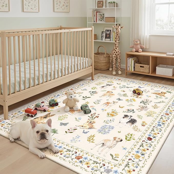 Dog 6x9 Area Rugs for Living Room, Machine Washable Animal Floral Vintage Rug - Image 4