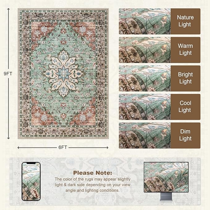 6x9 Area Rugs Living Room Rug: Washable Vintage Distressed Floral Rug No Slip - Image 2