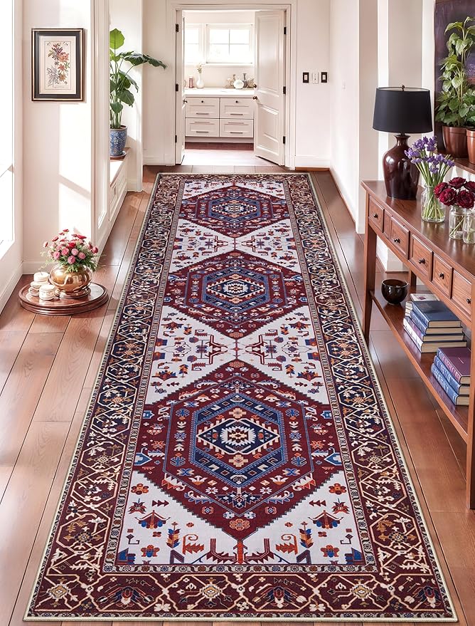 SERISSA Runner Rug for Hallways, Long Boho Rug Vintage Burgundy Navy Hallway by SERISSAHomeDecorCollection