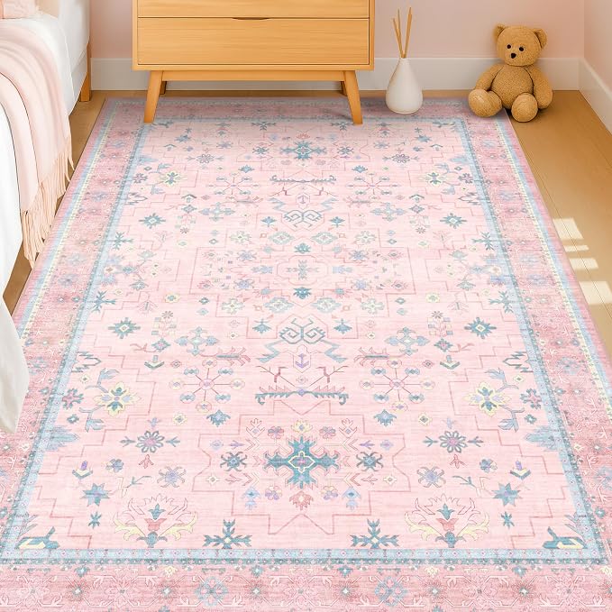 Pink Rugs for Bedroom Girls, 5x7 Washable Area Rug for Living Room Nursery Kids - Image 8