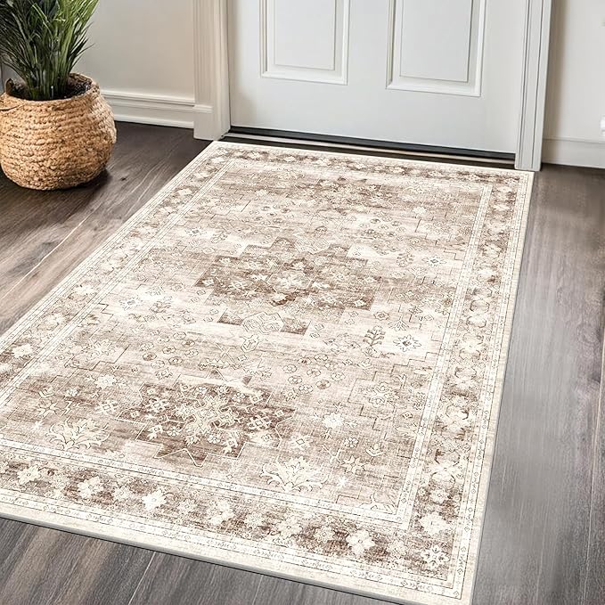 Washable Neutral Farmhouse Large Entryway Rug, 3x5 Area Rugs by HazoHaus