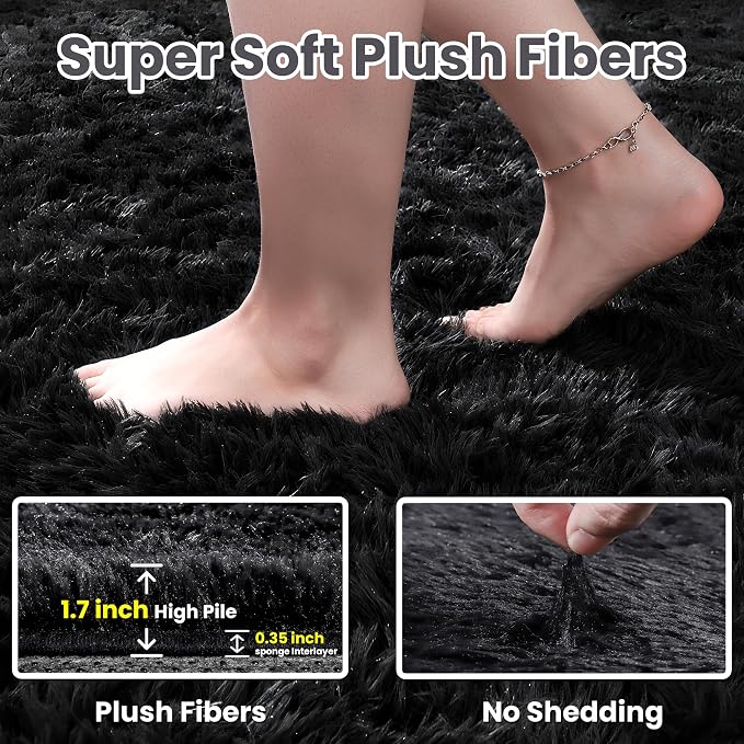 8x10 Area Rugs for Living Room Rug: Soft Fluffy Shag Black Rugs for Bedroom - Image 5
