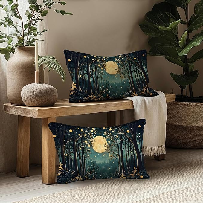 Rustic William Morris Inspired Night Moon Forest Decor Pillow Covers 18x18 Set - Image 5
