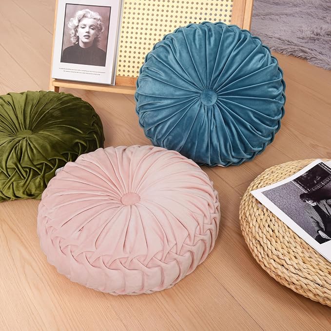 HIG Set of 2 Pink Ruched Velvet Round Throw Pillows – 14.5’’ Decorative Pillows - Image 5
