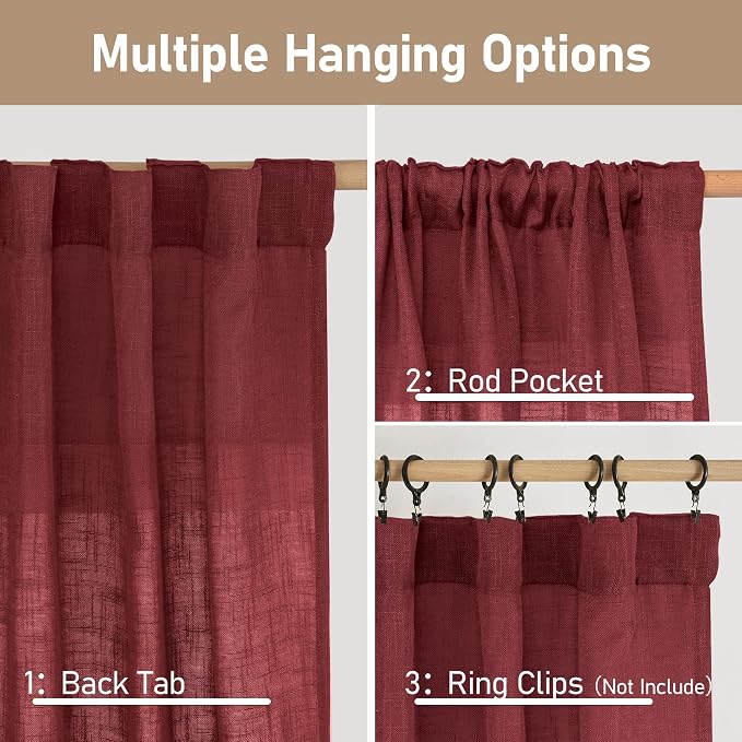 Burgundy Red Sheer Linen Curtains, Light Filtering Drapes 2 Panels | Semi Sheer - Image 3