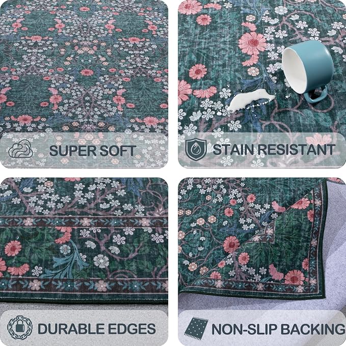 Vintage Green Living Room Rug, 5x7 Washable Area Rugs - Image 6