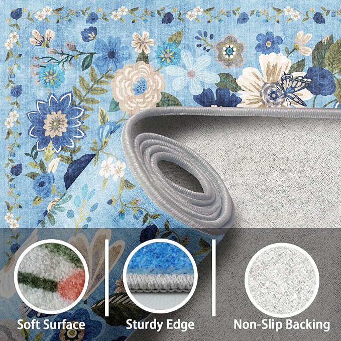 Floral Machine Washable Rug, 3x5 Rug Non Slip Soft Bedroom Rugs - Image 4