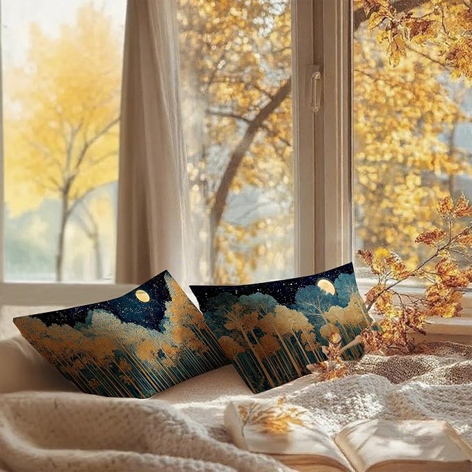 Rustic William Morris Inspired Gold Forest Moon Pillow Covers 12x20 Set of 2 - Image 6