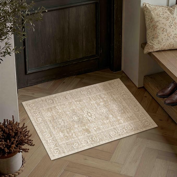 2x3 Washable Area Rug for Entryway Kitchen Vintage Beige Non Slip Low Pile Door by WondRg