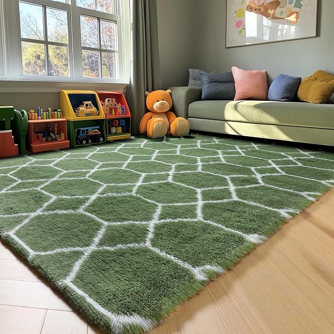 Area Rugs for Bedroom Living Room, 4x6 Fluffy Olive Green and White Rug | - Image 9
