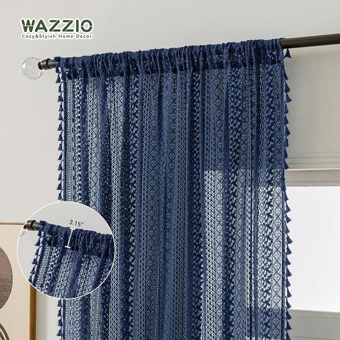 WAZZIO Boho Lace Curtains 84 Inches 2 Panel, Light Filtering Privacy Tassel & - Image 5