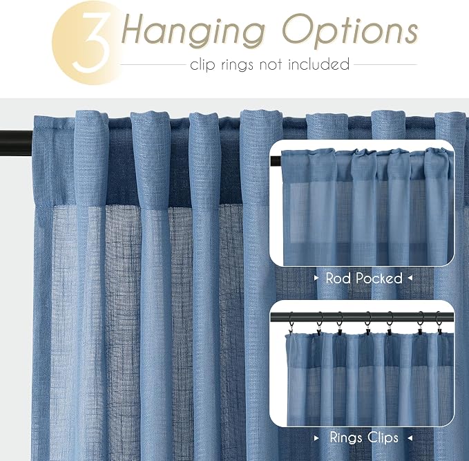Denim Blue Curtains for Living Room Back Tab Modern Farmhouse Semi Sheer Blue - Image 2