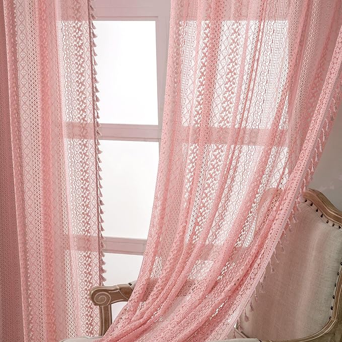 WAZZIO Boho Lace Curtains 84 Inches 2 Panel, Light Filtering Privacy Tassel & - Image 4