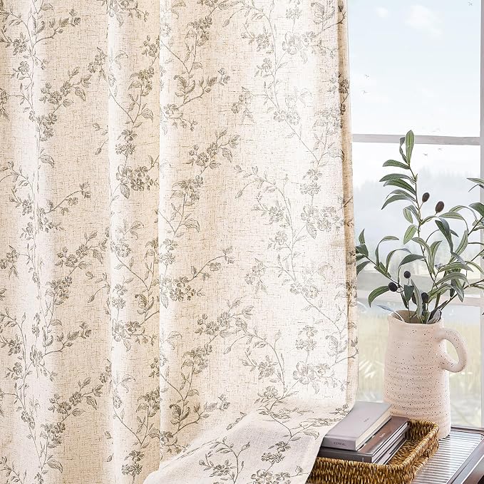 Lazzzy Linen Farmhouse Curtains Grey Floral Curtains 63 Inch Long Back Tab - Image 8