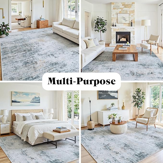 10x12 Washable Area Rug for Living Room Bedroom: Non-Slip Modern Blue Grey | - Image 3