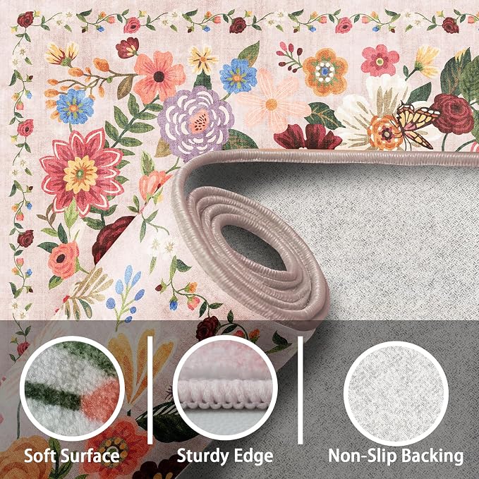Pink/Beige Floral Washable 6x9 Area Rugs, Soft Bedroom Rug - Image 3