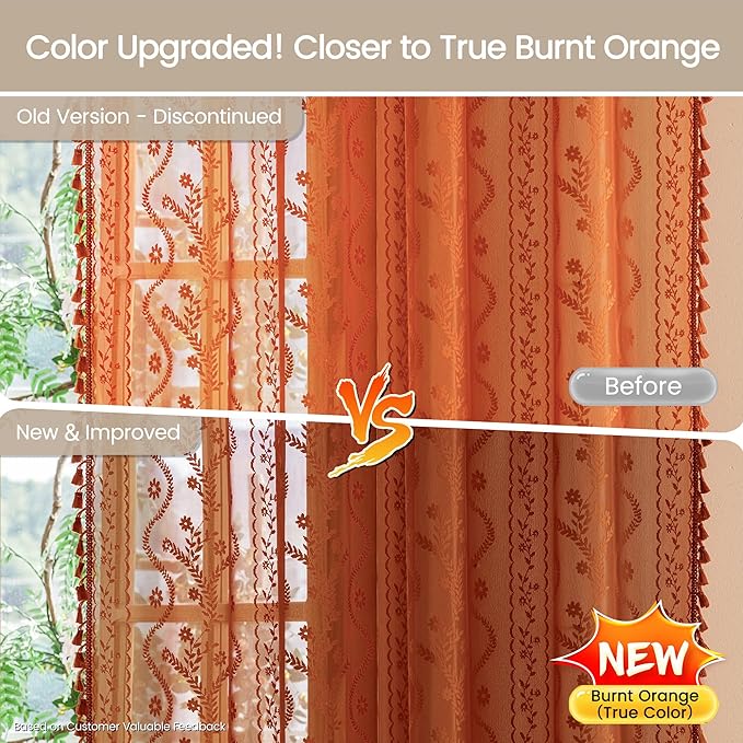 WAZZIO Boho Lace Curtains 84 Inch 2 Panels-Vintage Sheer Panel Drape Floral - Image 5