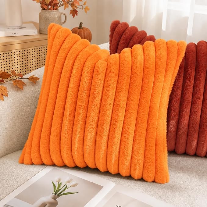 decorUhome Fall Faux Fur Throw Pillow Covers 22x22 Set of 2 Orange | Decorative - Image 6