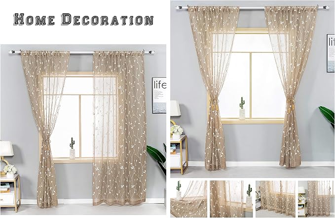 AmHoo 2 Panels Embroidered Leaf Pattern Semi Sheer Curtains Foliage Floral - Image 5
