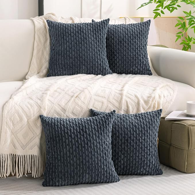 Set of 4 Grey Blue Decorative Throw Pillow Covers 20x20 Inch Corduroy Pillow - Image 2