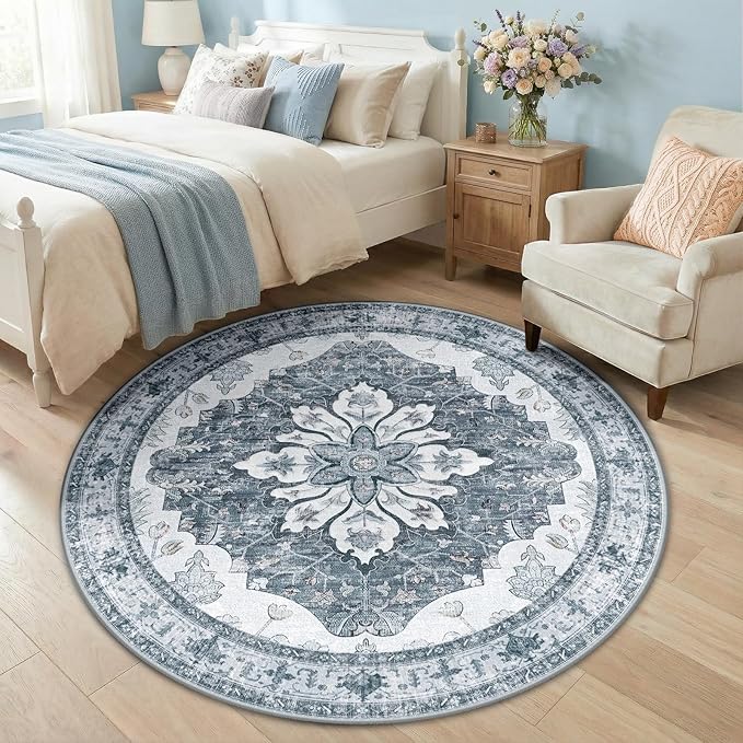 RELEANY Area Rugs 5ft Washable Non-Slip, Floral Vintage Distress Print Pattern by RELEANY
