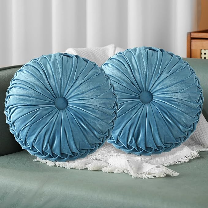 HIG Set of 2 Dusty Blue Ruched Velvet Round Throw Pillows – 14.5’’ Decorative by HIG