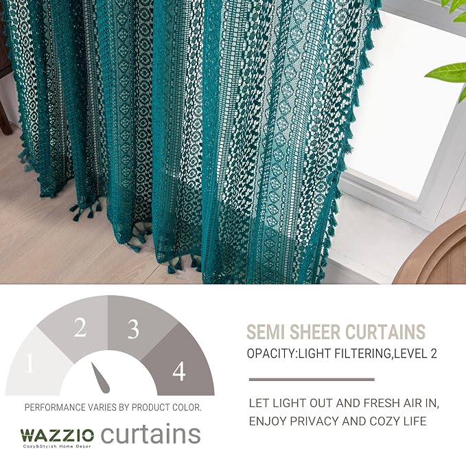 WAZZIO Boho Lace Curtains 96 Inches 2 Panel, Light Filtering Privacy Tassel & - Image 8