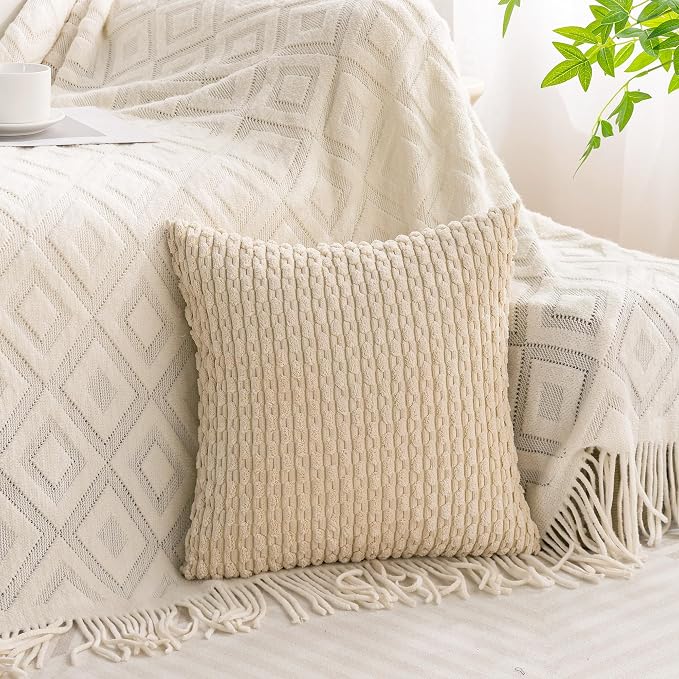 Set of 4 Beige Brown Coffee Decorative Throw Pillow Covers 22x22 Inch Corduroy - Image 6