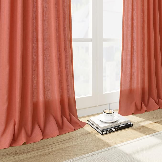 Nanspring Coral Linen Curtains 120 Inches Long 2 Panels Set Back Tab Loop - Image 6
